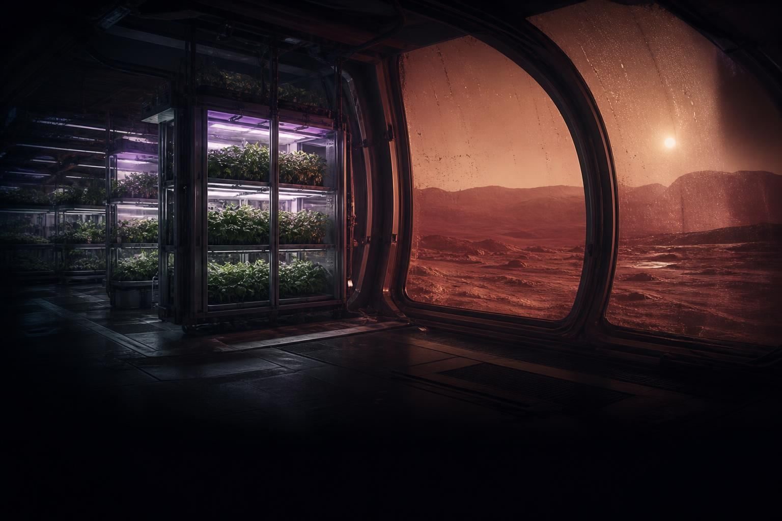 A grow room aboard a Mars colony, the red desert through the window