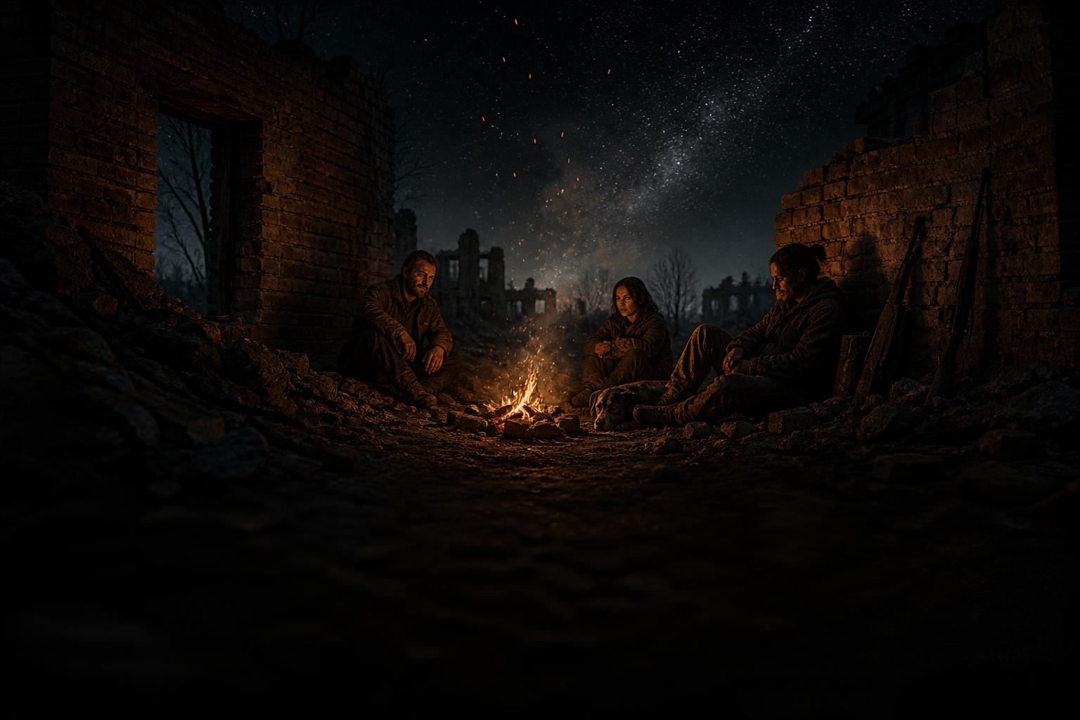 Three survivors and a dog around a fire in a ruined building