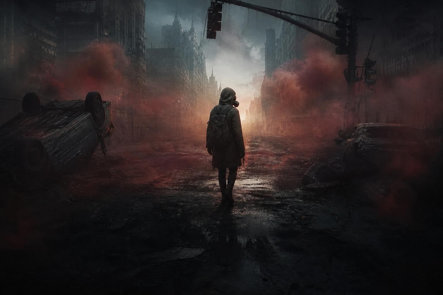 A survivor in a gas mask walking down a street of red smoke